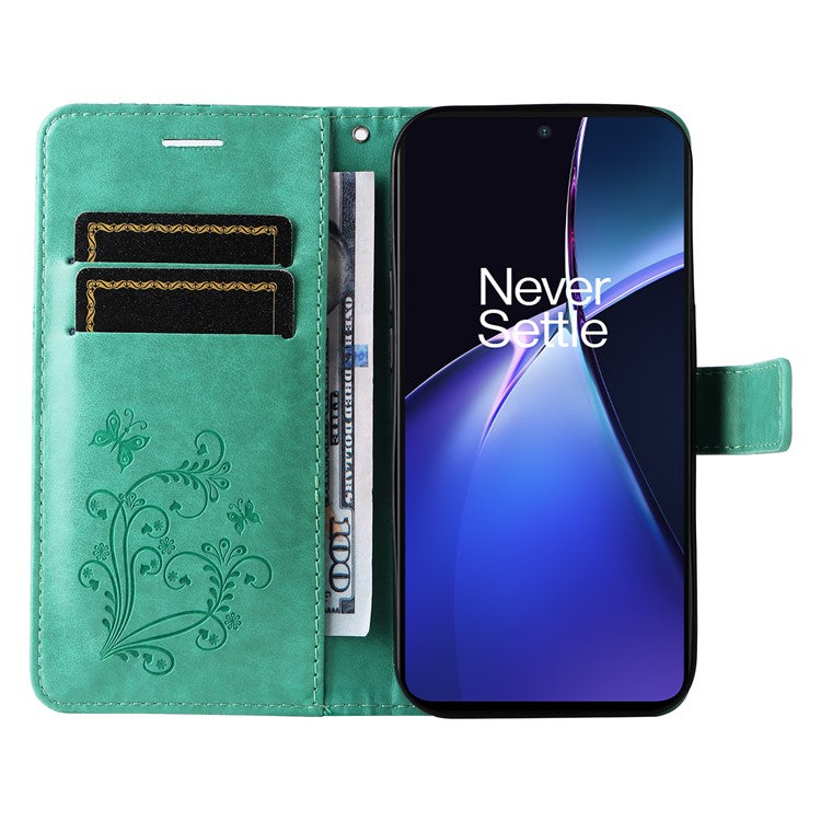 KT Imprinting Flower Series-2 For OnePlus Nord CE4 Lite 5G / Oppo K12x 5G (China) Case Floral Butterfly Leather Phone Cover Card Holder - Green