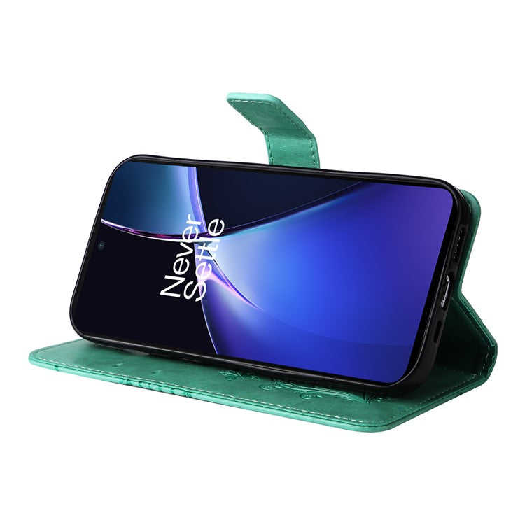 KT Imprinting Flower Series-2 For OnePlus Nord CE4 Lite 5G / Oppo K12x 5G (China) Case Floral Butterfly Leather Phone Cover Card Holder - Green