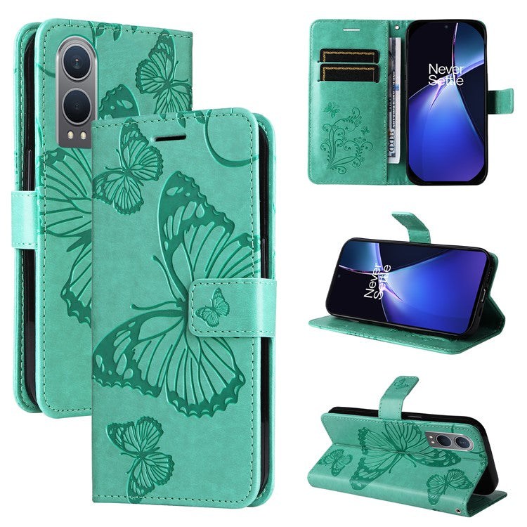 KT Imprinting Flower Series-2 For OnePlus Nord CE4 Lite 5G / Oppo K12x 5G (China) Case Floral Butterfly Leather Phone Cover Card Holder - Green