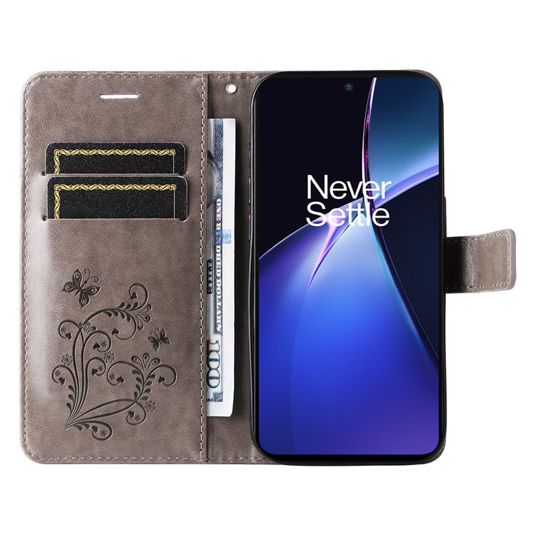 KT Imprinting Flower Series-2 For OnePlus Nord CE4 Lite 5G / Oppo K12x 5G (China) Case Floral Butterfly Leather Phone Cover Card Holder - Grey