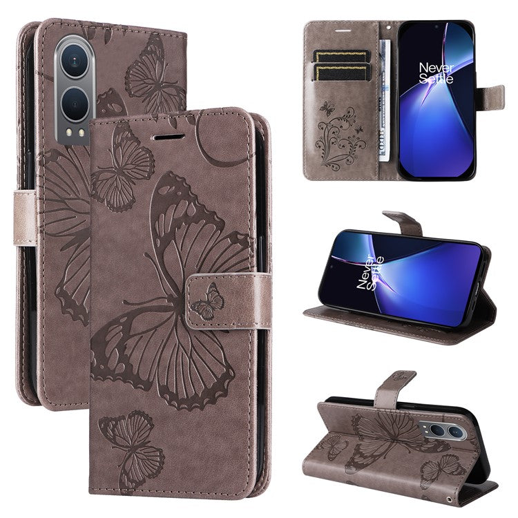 KT Imprinting Flower Series-2 For OnePlus Nord CE4 Lite 5G / Oppo K12x 5G (China) Case Floral Butterfly Leather Phone Cover Card Holder - Grey