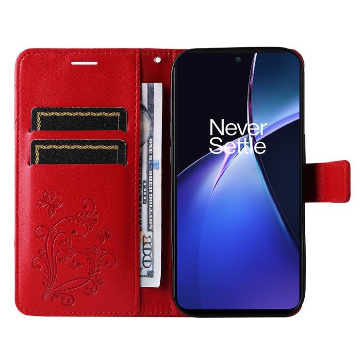 KT Imprinting Flower Series-2 For OnePlus Nord CE4 Lite 5G / Oppo K12x 5G (China) Case Floral Butterfly Leather Phone Cover Card Holder - Red