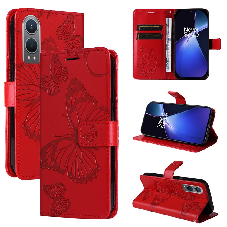 KT Imprinting Flower Series-2 For OnePlus Nord CE4 Lite 5G / Oppo K12x 5G (China) Case Floral Butterfly Leather Phone Cover Card Holder - Red