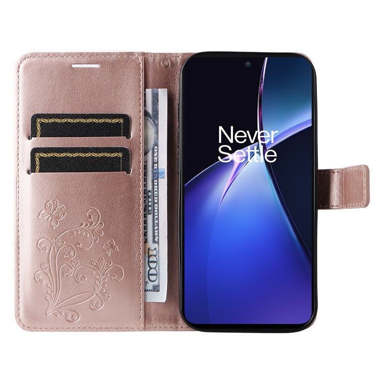 KT Imprinting Flower Series-2 For OnePlus Nord CE4 Lite 5G / Oppo K12x 5G (China) Case Floral Butterfly Leather Phone Cover Card Holder - Rose Gold