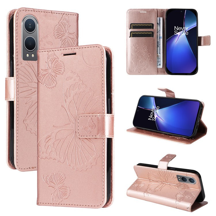 KT Imprinting Flower Series-2 For OnePlus Nord CE4 Lite 5G / Oppo K12x 5G (China) Case Floral Butterfly Leather Phone Cover Card Holder - Rose Gold