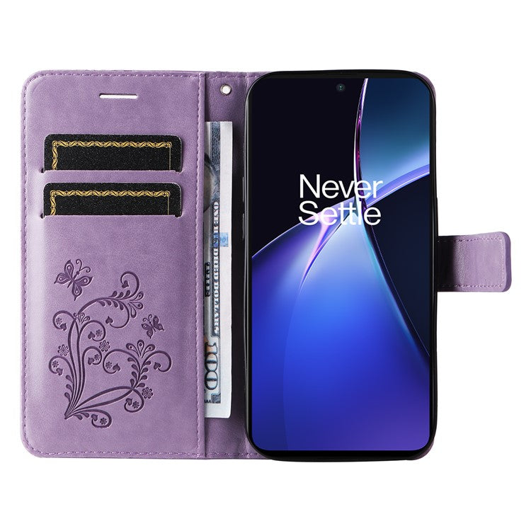 KT Imprinting Flower Series-2 For OnePlus Nord CE4 Lite 5G / Oppo K12x 5G (China) Case Floral Butterfly Leather Phone Cover Card Holder - Light Purple