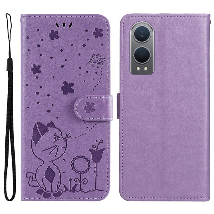 KT Imprinting Flower Series-4 For OnePlus Nord CE4 Lite 5G / Oppo K12x 5G (China) Case Cat Bee Protective Flip Leather Phone Cover - Light Purple