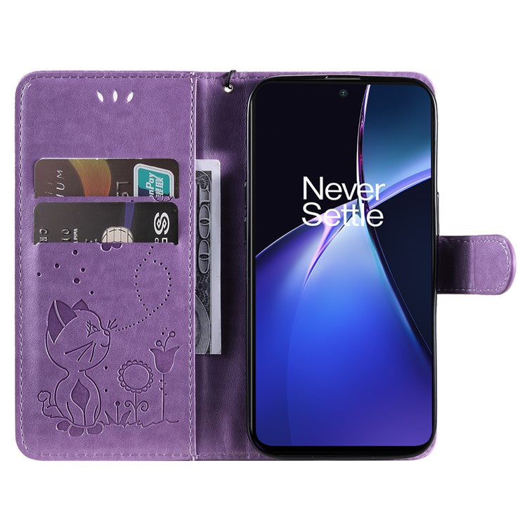 KT Imprinting Flower Series-4 For OnePlus Nord CE4 Lite 5G / Oppo K12x 5G (China) Case Cat Bee Protective Flip Leather Phone Cover - Light Purple