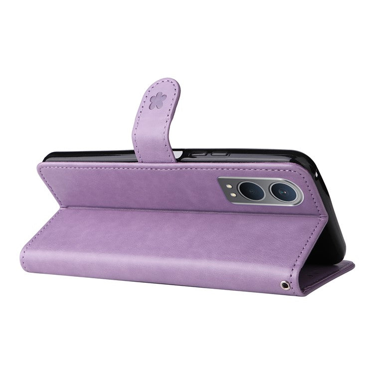 KT Imprinting Flower Series-4 For OnePlus Nord CE4 Lite 5G / Oppo K12x 5G (China) Case Cat Bee Protective Flip Leather Phone Cover - Light Purple