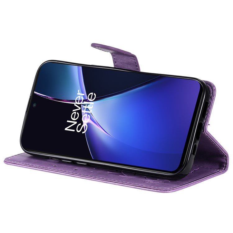 KT Imprinting Flower Series-4 For OnePlus Nord CE4 Lite 5G / Oppo K12x 5G (China) Case Cat Bee Protective Flip Leather Phone Cover - Light Purple