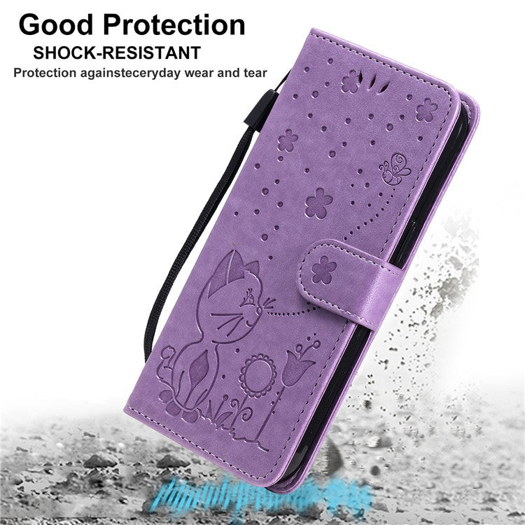 KT Imprinting Flower Series-4 For OnePlus Nord CE4 Lite 5G / Oppo K12x 5G (China) Case Cat Bee Protective Flip Leather Phone Cover - Light Purple