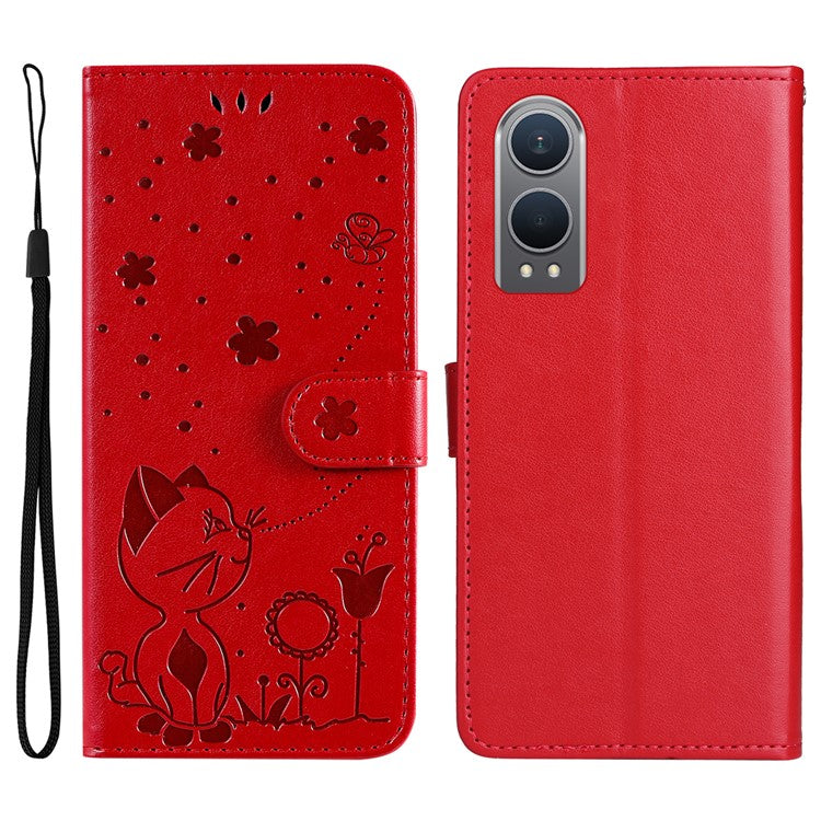 KT Imprinting Flower Series-4 For OnePlus Nord CE4 Lite 5G / Oppo K12x 5G (China) Case Cat Bee Protective Flip Leather Phone Cover - Red