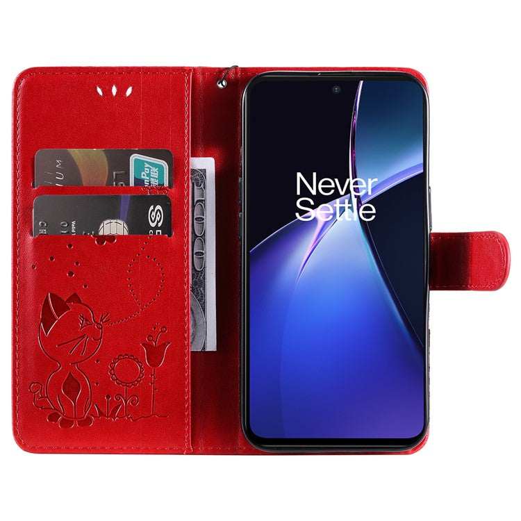KT Imprinting Flower Series-4 For OnePlus Nord CE4 Lite 5G / Oppo K12x 5G (China) Case Cat Bee Protective Flip Leather Phone Cover - Red