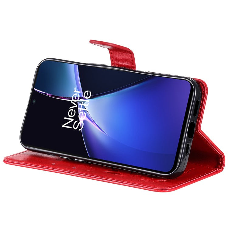 KT Imprinting Flower Series-4 For OnePlus Nord CE4 Lite 5G / Oppo K12x 5G (China) Case Cat Bee Protective Flip Leather Phone Cover - Red