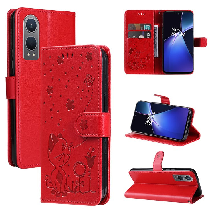 KT Imprinting Flower Series-4 For OnePlus Nord CE4 Lite 5G / Oppo K12x 5G (China) Case Cat Bee Protective Flip Leather Phone Cover - Red