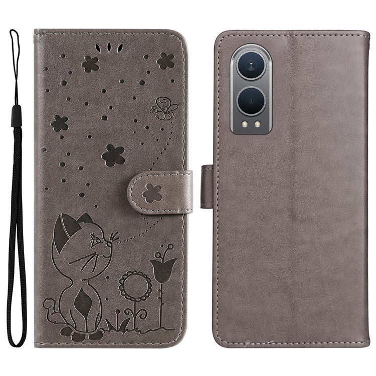 KT Imprinting Flower Series-4 For OnePlus Nord CE4 Lite 5G / Oppo K12x 5G (China) Case Cat Bee Protective Flip Leather Phone Cover - Grey