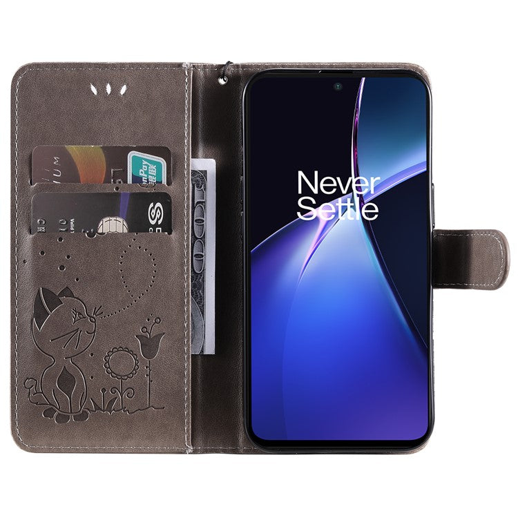 KT Imprinting Flower Series-4 For OnePlus Nord CE4 Lite 5G / Oppo K12x 5G (China) Case Cat Bee Protective Flip Leather Phone Cover - Grey