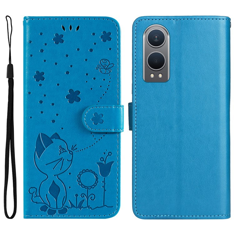 KT Imprinting Flower Series-4 For OnePlus Nord CE4 Lite 5G / Oppo K12x 5G (China) Case Cat Bee Protective Flip Leather Phone Cover - Blue