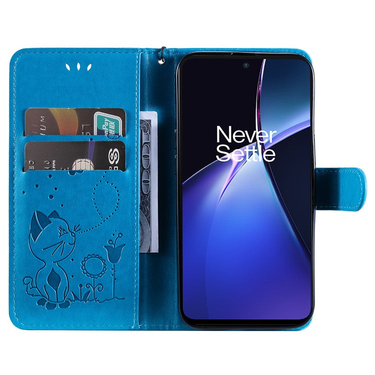 KT Imprinting Flower Series-4 For OnePlus Nord CE4 Lite 5G / Oppo K12x 5G (China) Case Cat Bee Protective Flip Leather Phone Cover - Blue