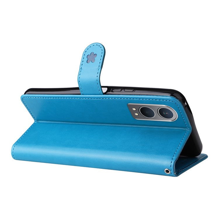 KT Imprinting Flower Series-4 For OnePlus Nord CE4 Lite 5G / Oppo K12x 5G (China) Case Cat Bee Protective Flip Leather Phone Cover - Blue