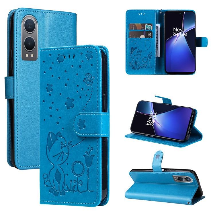 KT Imprinting Flower Series-4 For OnePlus Nord CE4 Lite 5G / Oppo K12x 5G (China) Case Cat Bee Protective Flip Leather Phone Cover - Blue