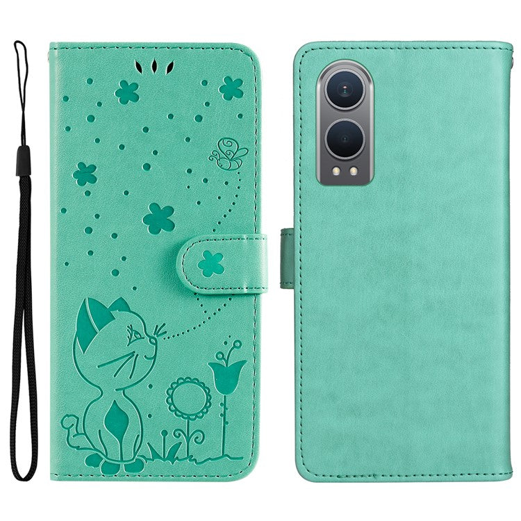 KT Imprinting Flower Series-4 For OnePlus Nord CE4 Lite 5G / Oppo K12x 5G (China) Case Cat Bee Protective Flip Leather Phone Cover - Green