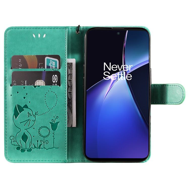 KT Imprinting Flower Series-4 For OnePlus Nord CE4 Lite 5G / Oppo K12x 5G (China) Case Cat Bee Protective Flip Leather Phone Cover - Green