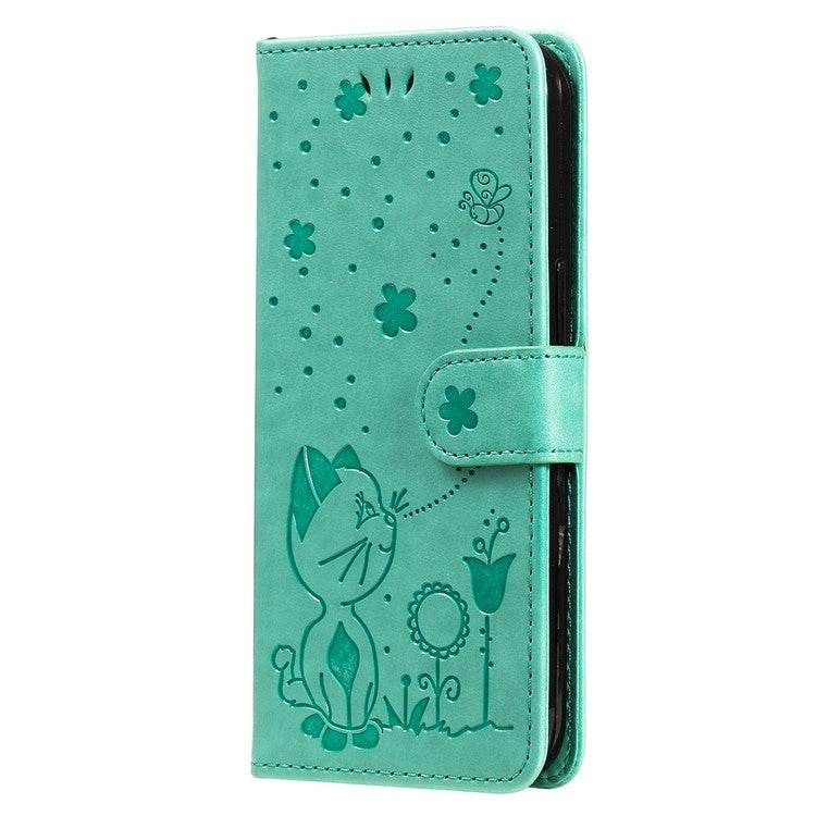 KT Imprinting Flower Series-4 For OnePlus Nord CE4 Lite 5G / Oppo K12x 5G (China) Case Cat Bee Protective Flip Leather Phone Cover - Green