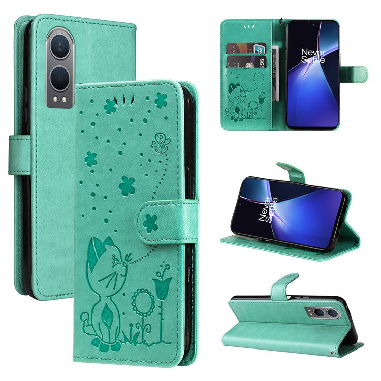 KT Imprinting Flower Series-4 For OnePlus Nord CE4 Lite 5G / Oppo K12x 5G (China) Case Cat Bee Protective Flip Leather Phone Cover - Green