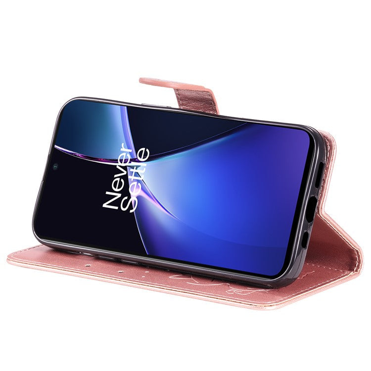 KT Imprinting Flower Series-4 For OnePlus Nord CE4 Lite 5G / Oppo K12x 5G (China) Case Cat Bee Protective Flip Leather Phone Cover - Rose Gold