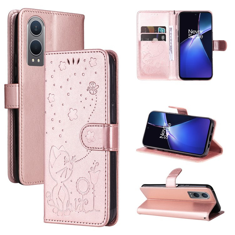 KT Imprinting Flower Series-4 For OnePlus Nord CE4 Lite 5G / Oppo K12x 5G (China) Case Cat Bee Protective Flip Leather Phone Cover - Rose Gold