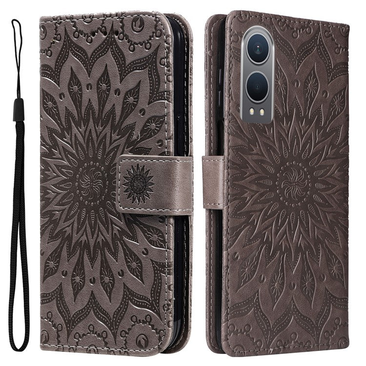 KT Imprinting Flower Series-1 For OnePlus Nord CE4 Lite 5G / Oppo K12x 5G (China) Case Sunflower Leather Card Holder Folio Phone Cover - Grey