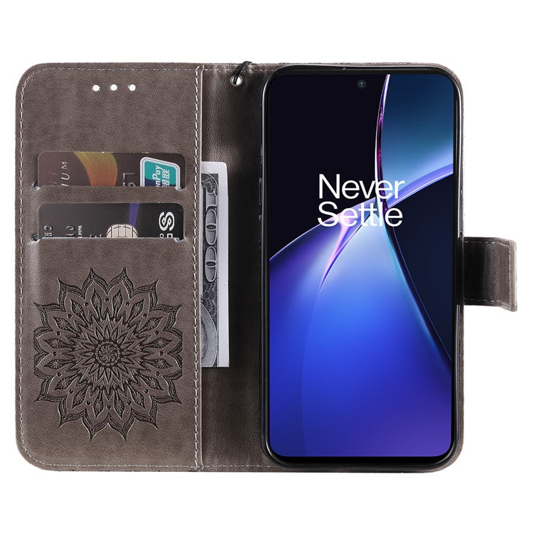 KT Imprinting Flower Series-1 For OnePlus Nord CE4 Lite 5G / Oppo K12x 5G (China) Case Sunflower Leather Card Holder Folio Phone Cover - Grey