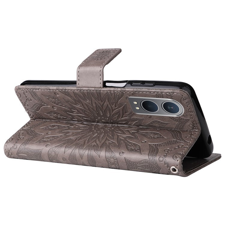 KT Imprinting Flower Series-1 For OnePlus Nord CE4 Lite 5G / Oppo K12x 5G (China) Case Sunflower Leather Card Holder Folio Phone Cover - Grey
