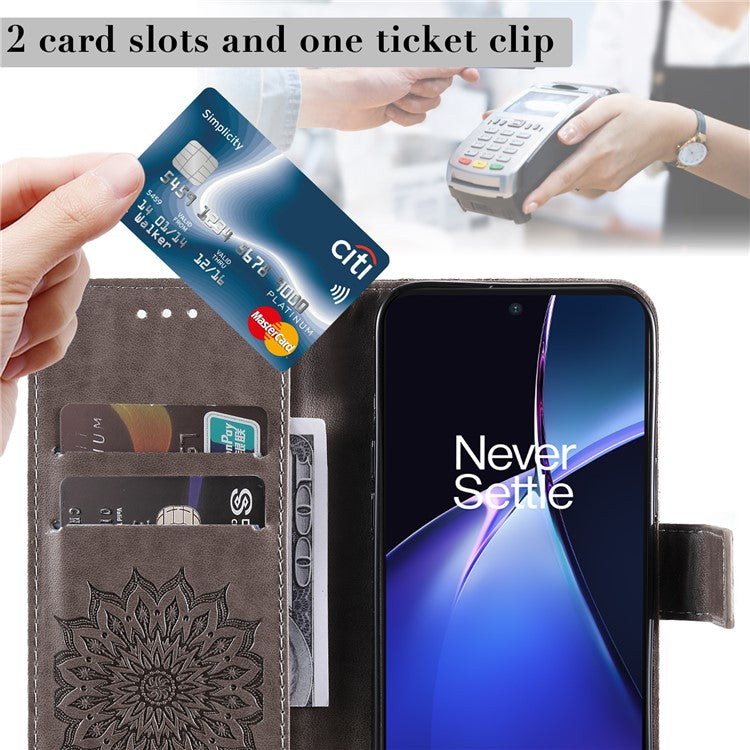 KT Imprinting Flower Series-1 For OnePlus Nord CE4 Lite 5G / Oppo K12x 5G (China) Case Sunflower Leather Card Holder Folio Phone Cover - Grey