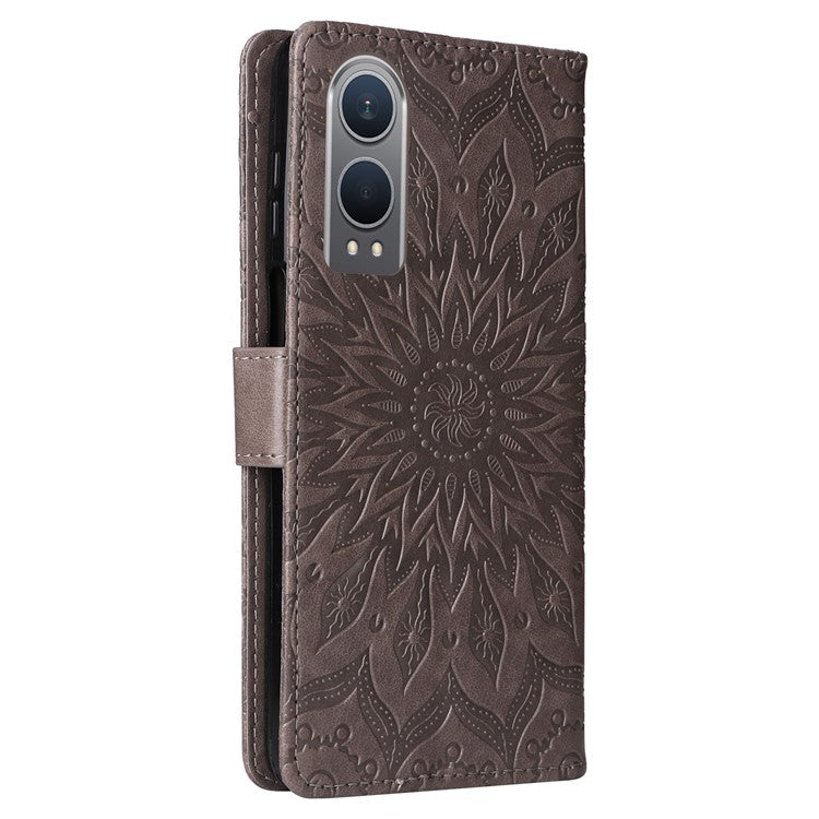 KT Imprinting Flower Series-1 For OnePlus Nord CE4 Lite 5G / Oppo K12x 5G (China) Case Sunflower Leather Card Holder Folio Phone Cover - Grey