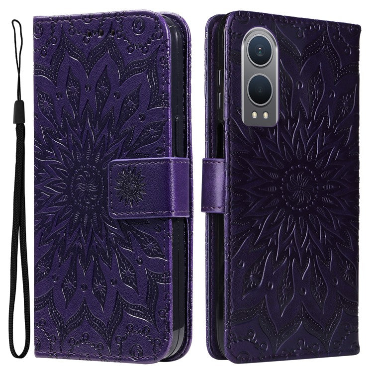 KT Imprinting Flower Series-1 For OnePlus Nord CE4 Lite 5G / Oppo K12x 5G (China) Case Sunflower Leather Card Holder Folio Phone Cover - Purple