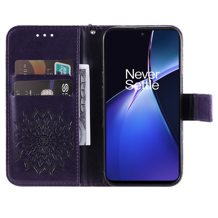 KT Imprinting Flower Series-1 For OnePlus Nord CE4 Lite 5G / Oppo K12x 5G (China) Case Sunflower Leather Card Holder Folio Phone Cover - Purple