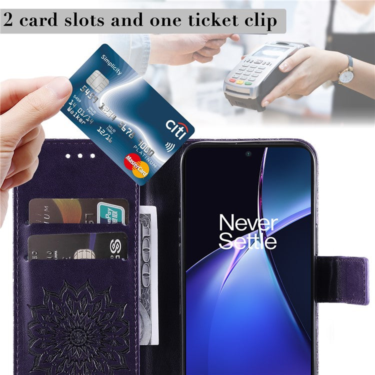 KT Imprinting Flower Series-1 For OnePlus Nord CE4 Lite 5G / Oppo K12x 5G (China) Case Sunflower Leather Card Holder Folio Phone Cover - Purple