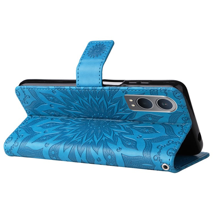KT Imprinting Flower Series-1 For OnePlus Nord CE4 Lite 5G / Oppo K12x 5G (China) Case Sunflower Leather Card Holder Folio Phone Cover - Blue