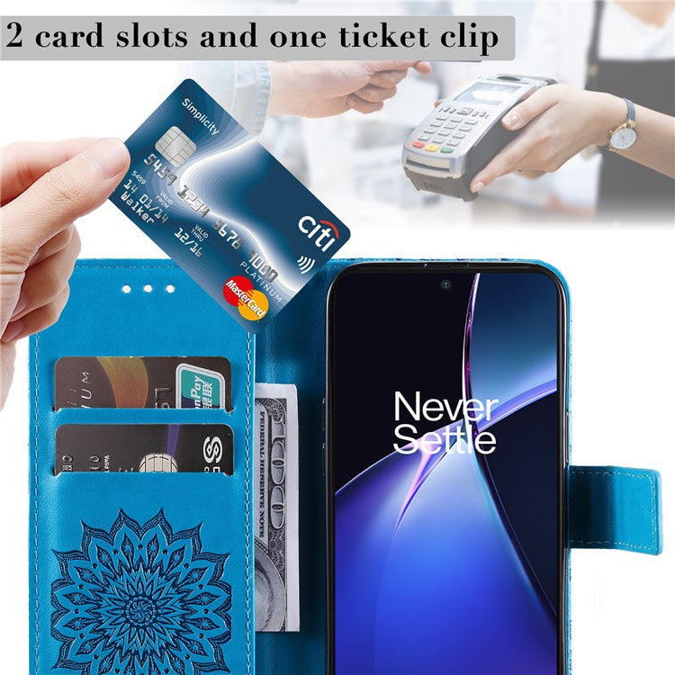 KT Imprinting Flower Series-1 For OnePlus Nord CE4 Lite 5G / Oppo K12x 5G (China) Case Sunflower Leather Card Holder Folio Phone Cover - Blue