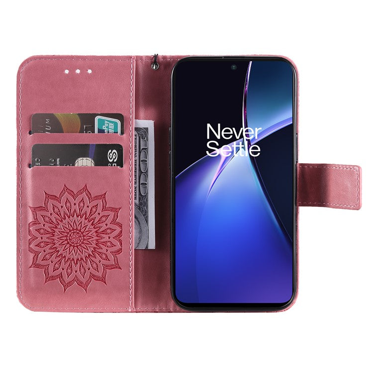 KT Imprinting Flower Series-1 For OnePlus Nord CE4 Lite 5G / Oppo K12x 5G (China) Case Sunflower Leather Card Holder Folio Phone Cover - Pink