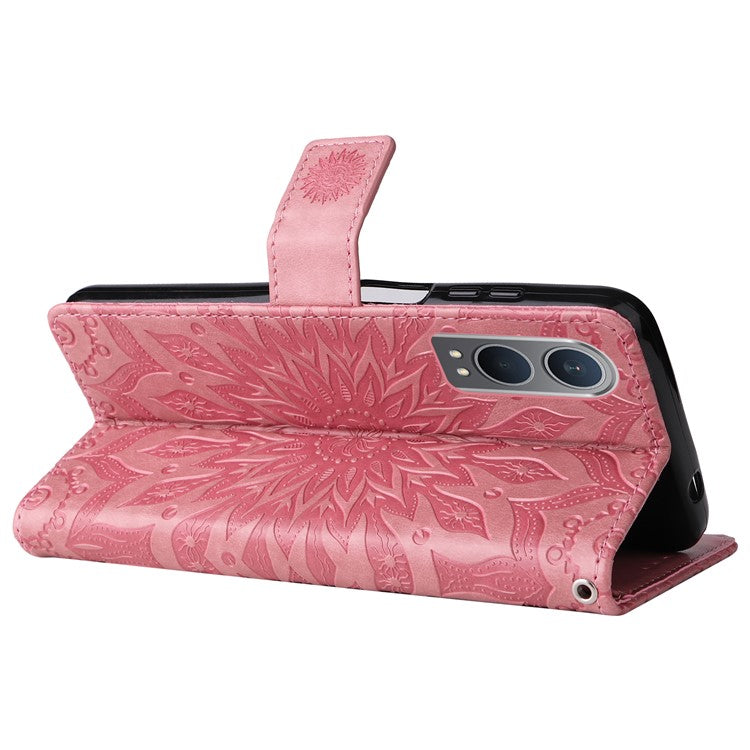 KT Imprinting Flower Series-1 For OnePlus Nord CE4 Lite 5G / Oppo K12x 5G (China) Case Sunflower Leather Card Holder Folio Phone Cover - Pink