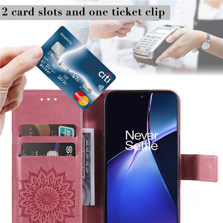 KT Imprinting Flower Series-1 For OnePlus Nord CE4 Lite 5G / Oppo K12x 5G (China) Case Sunflower Leather Card Holder Folio Phone Cover - Pink
