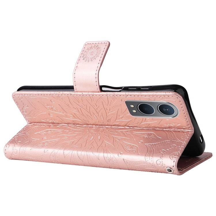 KT Imprinting Flower Series-1 For OnePlus Nord CE4 Lite 5G / Oppo K12x 5G (China) Case Sunflower Leather Card Holder Folio Phone Cover - Rose Gold