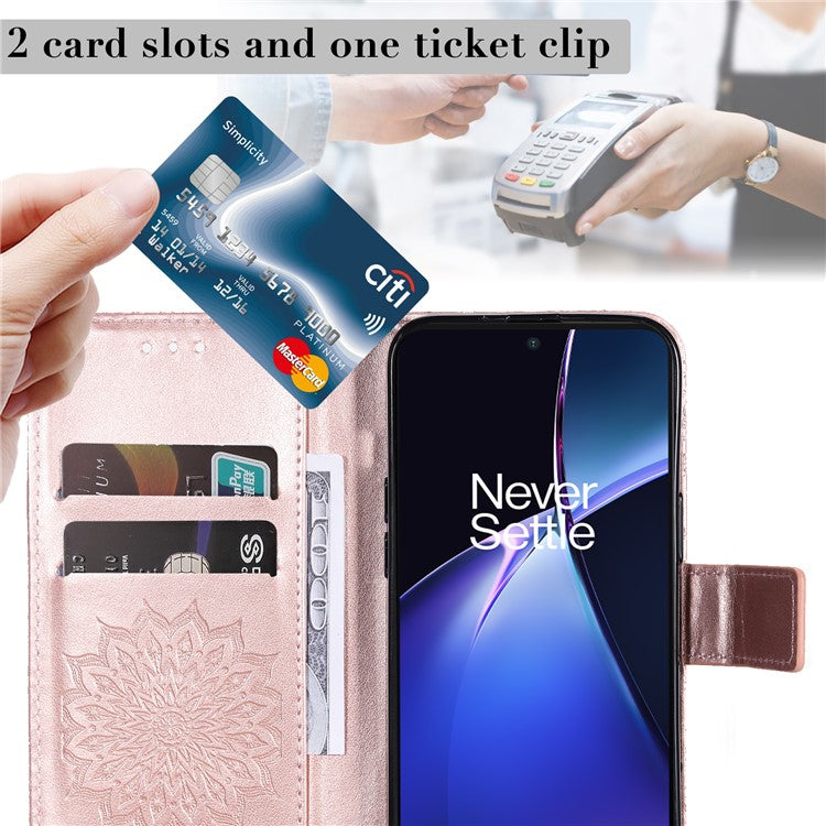 KT Imprinting Flower Series-1 For OnePlus Nord CE4 Lite 5G / Oppo K12x 5G (China) Case Sunflower Leather Card Holder Folio Phone Cover - Rose Gold