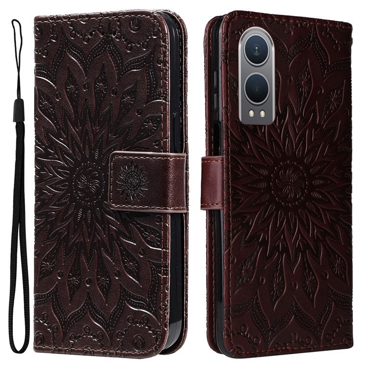 KT Imprinting Flower Series-1 For OnePlus Nord CE4 Lite 5G / Oppo K12x 5G (China) Case Sunflower Leather Card Holder Folio Phone Cover - Brown