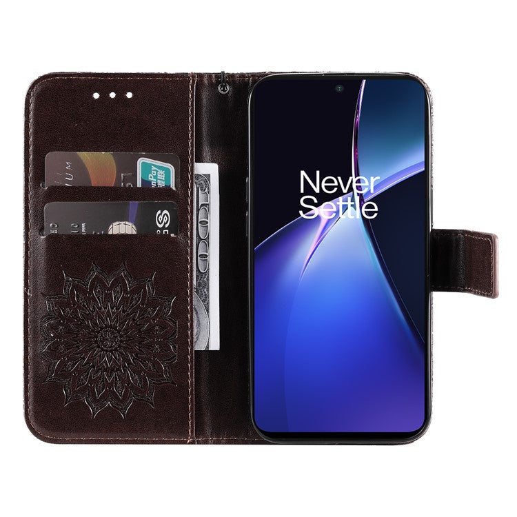 KT Imprinting Flower Series-1 For OnePlus Nord CE4 Lite 5G / Oppo K12x 5G (China) Case Sunflower Leather Card Holder Folio Phone Cover - Brown