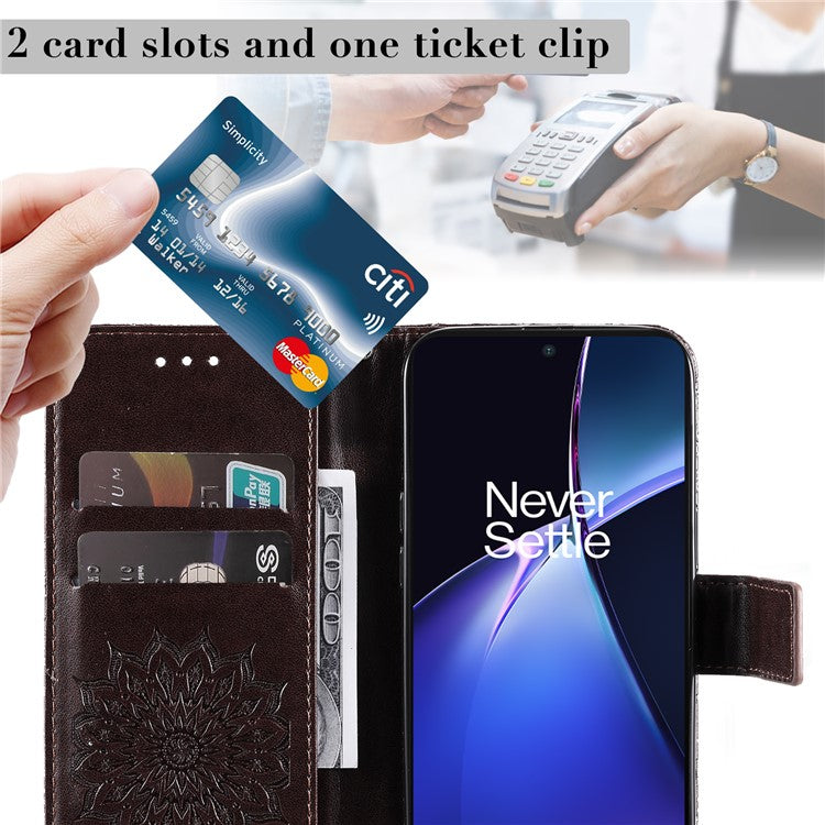 KT Imprinting Flower Series-1 For OnePlus Nord CE4 Lite 5G / Oppo K12x 5G (China) Case Sunflower Leather Card Holder Folio Phone Cover - Brown