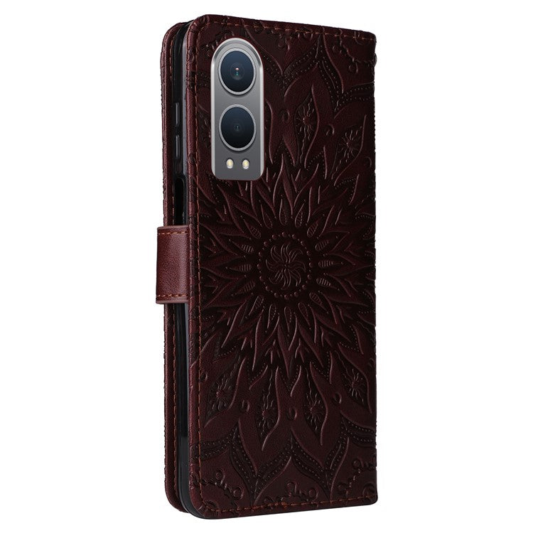 KT Imprinting Flower Series-1 For OnePlus Nord CE4 Lite 5G / Oppo K12x 5G (China) Case Sunflower Leather Card Holder Folio Phone Cover - Brown